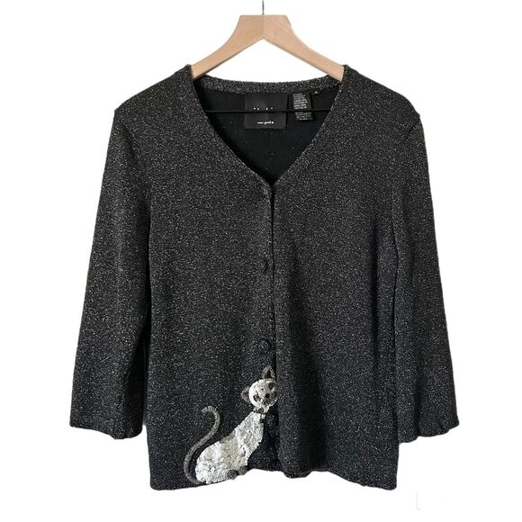 Michael Simon Sequin Embellished Cat Cardigan Sweater Black Metallic Size Medium - Picture 1 of 5